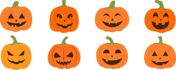 Halloween pumpkin set. Orange pompkins with face. Vector illustration.