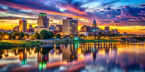 Obraz premium Stunning Skyline of Memphis at Dusk with Beautiful Sunset Reflections and City Lights Illuminating the Riverfront