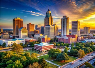 Obraz premium Stunning Skyline Views of Alabama: Urban Landscapes and Iconic Architecture Under a Clear Blue Sky