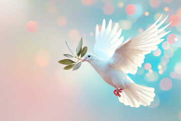 A white dove gracefully flies while carrying an olive leaf, symbolizing peace and hope