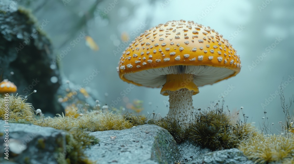 Poster Enchanting Macro Mushroom: Minimalistic Graphic Movie Animation Poster Design in Nature Setting
