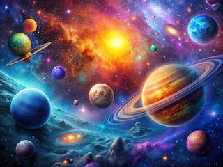 Stunning Space Illustration Featuring Galaxies, Planets, Stars, and Cosmic Wonders for Your Creative Projects and