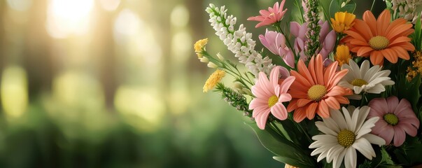 Fresh bouquet of vibrant garden flowers with ample open space for your custom text at the top.