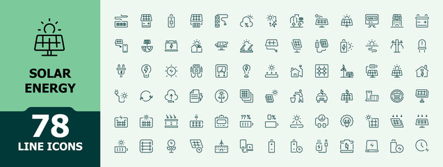 Solar energy line icons set. Minimalist solar power vector illustration. Modern thin outline style of sun power and renewable electric energy icons.