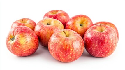 A group of eight red apples with yellow stripes arranged on a white background.