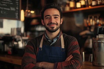 Obraz premium Cute man barista stands behind the counter of coffee shop. Takeaway food