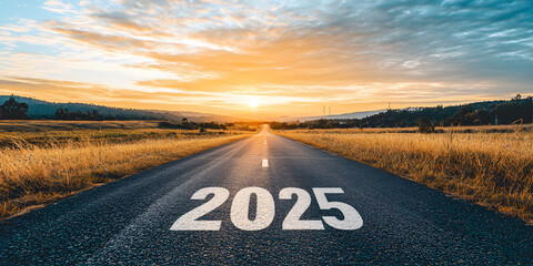 road to the new year 2025. concept of a bright future. panorama from a straight road with the number 2025. advancement into the next stage of life