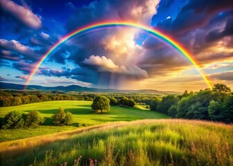 Fototapeta premium Stunning Vertical Rainbow Against a Clear Sky - Vibrant Colors, Nature's Beauty, and Serene Landscapes Captured