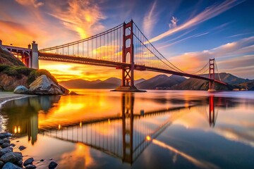 Stunning view of iconic Golden Gate Bridge at sunset with vibrant colors reflecting on the water, showcasing a