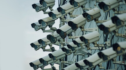 Multiple white surveillance cameras mounted on poles, creating a sense of omnipresent monitoring. Uniform appearance suggests coordinated surveillance efforts in public spaces
