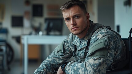 Fototapeta premium Military soldier in camouflage uniform sitting in wheelchair