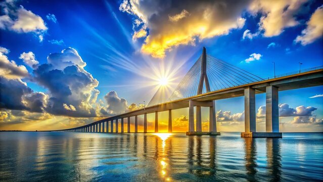 Stunning view of Sunshine Skyway Bridge in Tampa FL under a bright blue sky with beautiful clouds and