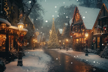 Christmas scene with snow falling gently on a small town square, decorated tree and cozy lights in shop windows