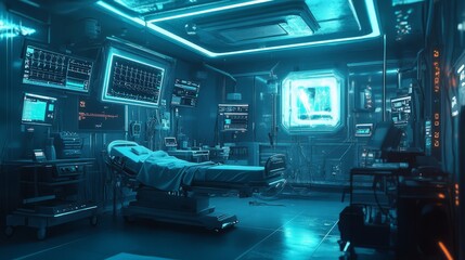 Advanced life support machine in a futuristic operating room, AI-generated with complex 3D visualizations of patient health metrics and ventilator systems
