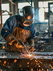 A welder wearing protective gear works with intense sparks flying in an industrial workshop, showcasing skill and craftsmanship.