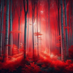 A striking wallpaper featuring a vibrant forest in autumn colors, with red foliage and birch trees, creating a mesmerizing and serene natural scene
