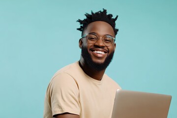 Young man IT freelancer working on laptop