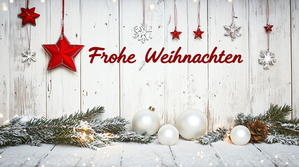 text " Frohe Weihnachten" Merry Christmas in German. German christmas decorations, white snow falling down, red stars hanging from the ceiling, pine branches, white balls, wood grain, white wooden wal