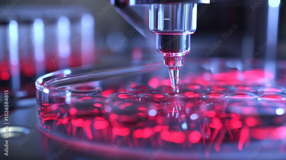 Poster scientific precision: a close-up of a lab experiment showcasing automated pipette dispensing a red l