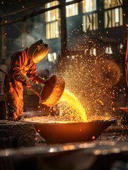 Fototapeta premium A foundry worker pours molten metal into a mold, creating sparks and heat in a glowing, industrial environment.