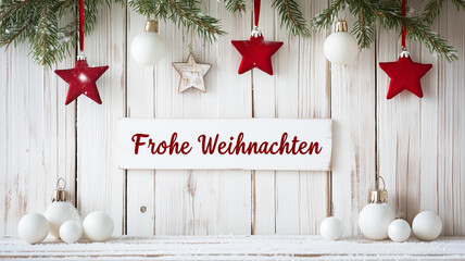 text " Frohe Weihnachten" Merry Christmas in German. German christmas decorations, white snow falling down, red stars hanging from the ceiling, pine branches, white balls, wood grain, white wooden wal