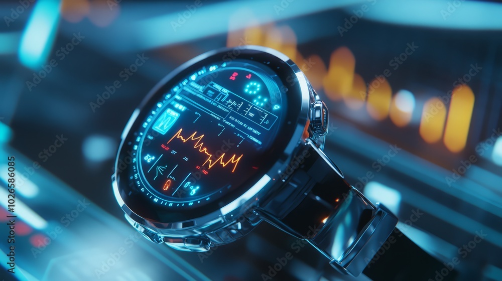 Poster smartwatch with advanced display: a futuristic smartwatch, its sleek design gleaming with advanced t