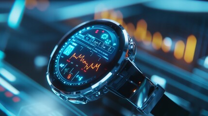 Obraz premium Smartwatch with advanced Display: A futuristic smartwatch, its sleek design gleaming with advanced technological display showing intricate data visualizations. Capturing the essence of innovation.