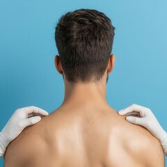 Naklejka premium Man with a large, irregular mole on his back, ready for biopsy in a clinic, Skin cancer screening, Health checkup