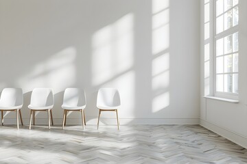 A row of white chairs sitting in front of a window