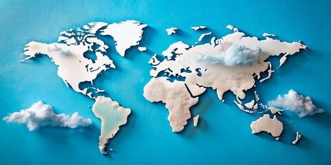 Colorful Paper Cutout World Map on Blue Background with Clouds - Architectural Photography