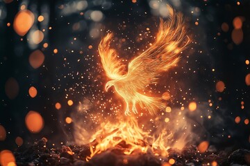 Naklejka premium A Phoenix Rising From a Campfire, With Embers Turning Into Feathers as It Ascends