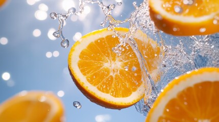 Fresh Slices of Orange in Splashing Water