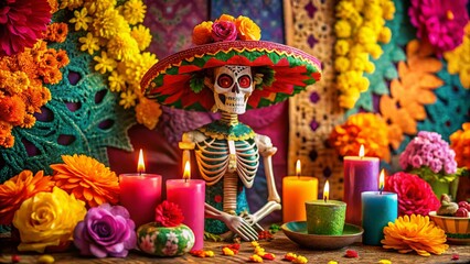 Colorful Skeleton Celebrating Dia de los Muertos with Festive Decorations and Vibrant Details