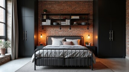 Generative, AI, Modern bedroom with black furniture, brick walls, hanging lights, and shelves with books, creating a minimalist and industrial aesthetic.