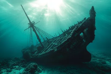 A Shipwreck on the Ocean Floor, Where the Remains of the Ship Are Covered in Coral and Seaweed