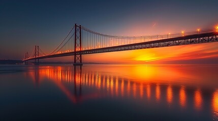 Illuminated Suspension Bridge at Night with Reflection on Tranquil Water