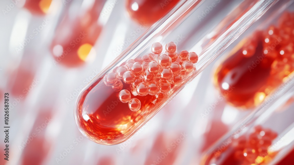 Poster close-up view of several test tubes filled with a translucent red liquid containing numerous small r