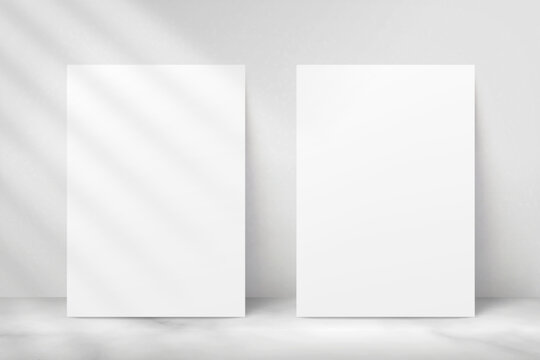 Two poster mockup. Mock up A4 paper. Picture frame. White realistic page on wall background. Piece leaflet sheets. Flyers templates with shadow. 2 blank pages. Portfolio leaflet. Vector illustration