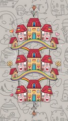 Houses seamless ornament. Cute vector background with doodle city