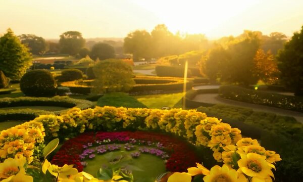 Crane shot with warm morning light: The camera starts by focusing on a tranquil garden with blooming flowers. The camera gradually rises, revealing the warm light of the morning sun and the serene bea