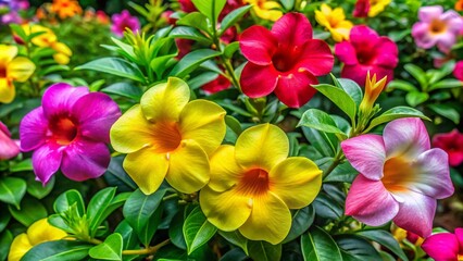 Fototapeta premium Vibrant Allamanda Blanchetii Plant with Colorful Flowers in Lush Greenery for Garden and Landscape Photography Needs