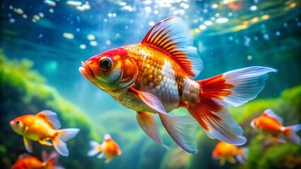 Vibrant Asian Goldfish Swimming Gracefully in Clear Water, Showcasing Stunning Colors and Patterns in a Serene Aquarium