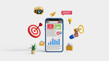 Marketing automation. Digital marketing strategy, SEO, analytics dashboard, business insight, marketing research, advertising, campaign. 3D analytics dashboard on smartphone, digital marketing icons