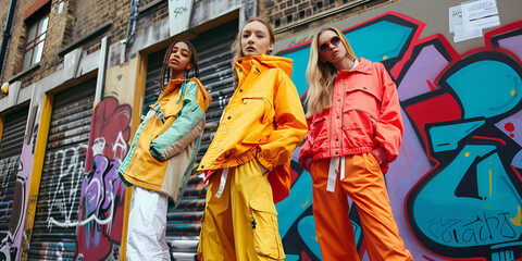 Obraz premium Vibrant Urban Streetwear Trio in Colorful Jackets, Graffiti-Backed Fashion Trio in Bold Outerwear