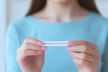 Woman holding a pregnancy test with pink manicured nails