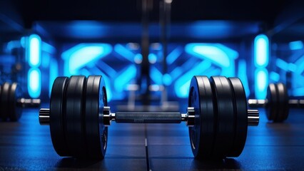 Naklejka premium A close-up of a dumbbell in a modern gym setting with blue lighting.
