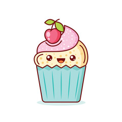 Cute sweet desserts icon in flat style. Kawaii cupcake vector illustration on isolated background. Happy muffin sign business concept.