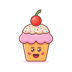 Cute sweet desserts icon in flat style. Kawaii cupcake vector illustration on isolated background. Happy muffin sign business concept.