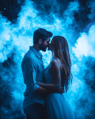 Fototapeta premium Romantic couple embracing under vibrant blue cosmic sky