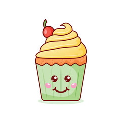 Cute sweet desserts icon in flat style. Kawaii cupcake vector illustration on isolated background. Happy muffin sign business concept.